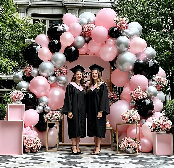 Pearl Pink Black Balloon Arch Kit, Double Stuffed Pastel Baby Pink Blush Silver Balloon Garland for Baby Shower Birthday Bridal Wedding Graduation Mothers Day Women Bachelorette Party Decoration