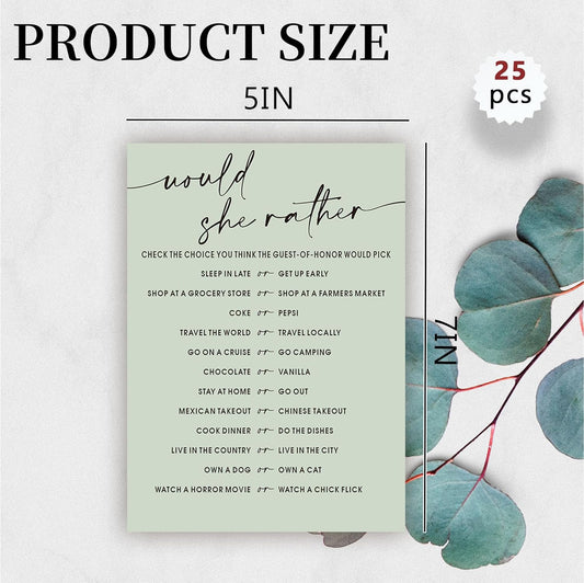 Bridal Shower Games, Would She Rather, 25Pcs Minimalist Sage Green Bridal Game Cards, Wedding Shower Games for Guests, Engagement Bachelorette Party Supplies