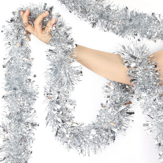 50FT Silver Christmas Tinsel Garland - Metallic Tinsel Garland for Christmas Tree Decoration, Xmas Tree Decor Home Indoor Outdoor Party Supplies