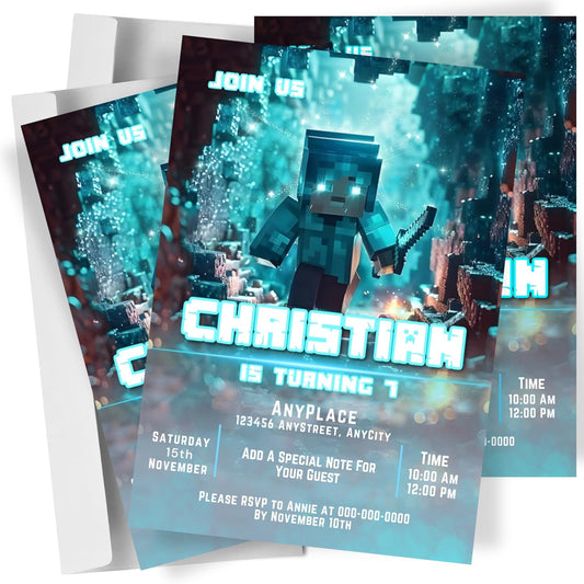 Fully Customizable minecraft Birthday Party Invitations, 4 x 6 inches, with Self-Sealing Envelopes, Gaming Theme Design, minecraft Birthday Invitations for Boys and Girls (Minecraft/Cave)