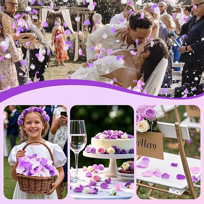Eslibin 180 PCS Real Purple White Rose Petals for Wedding Flower Girl to Throw, 1.75oz Mixed Fresh Dried Rose Petal for Proposal Centerpieces Valentine's Day Romantic Night Decor