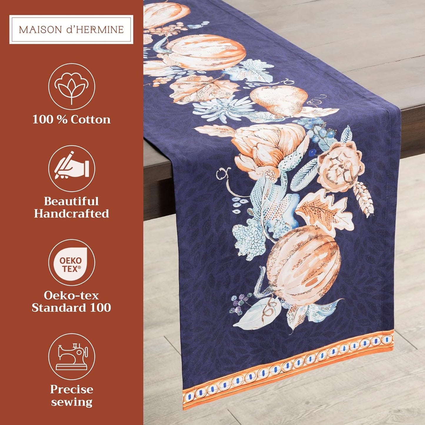 Maison d' Hermine Table Runner 100% Cotton Single Layer Table Runners 108 inches Long for Thanksgiving Christmas Decorations Home Kitchen Dining Party Wedding (Pumpkin Blues, 14.5" x 108")