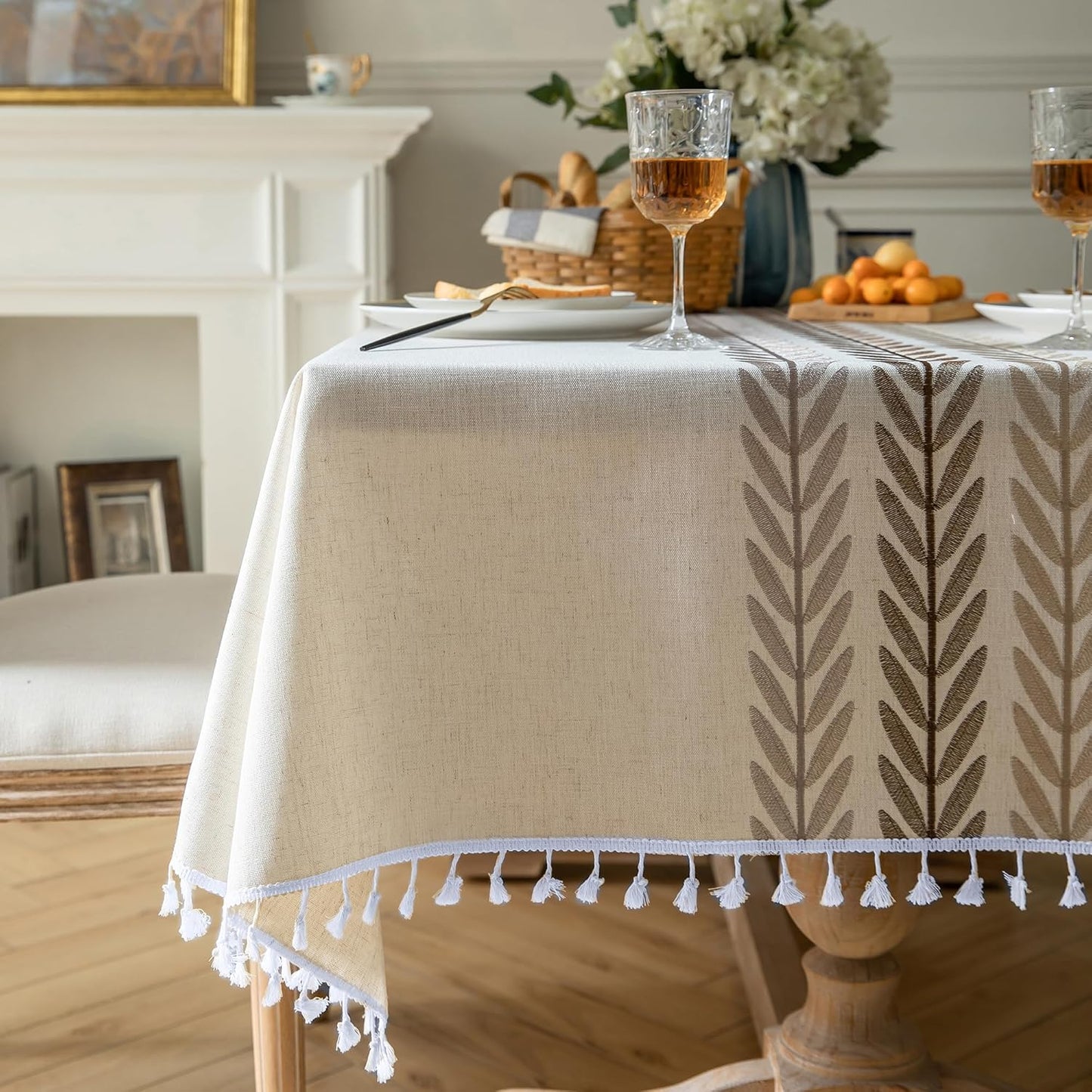 Oubonun Cotton Linen Rectangular Tablecloth - Wrinkle Resistant & Waterproof - Machine Washable Table Cloth with Tassels for Kitchen & Dining, 55''x102'', 8-10 Seats