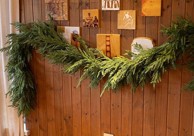 15ft Handmade Christmas Garland,Artificial Cypress Cedar Pine Needles Greenery Seasonal Garland for Christmas TV Cabinet Winter Holiday Indoor Outdoor Decoration