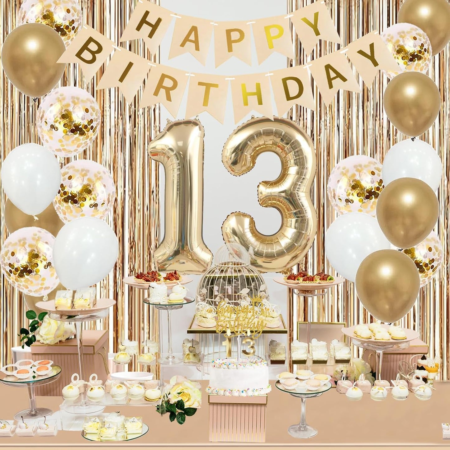 Trgowaul 13th Birthday Decorations for Girls, Banner, Sash and Crown, Cake Topper, 13 Number Balloon, Fringe Curtains, Champagne Gold 13 Birthday Party Supplies