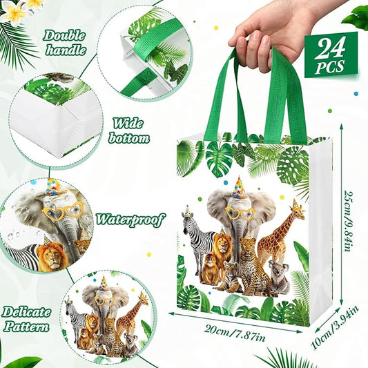 Supervitae 24 Pack Wild Animals Theme Gift Bags Medium Goodie Jungle Party Favor Bags Safari Reusable Totes Non Woven Totes for Wedding Birthday Baby Shower Family Holiday Travel(9.8" x 7.9" x 3.9")