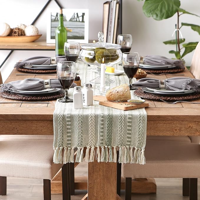 DII Farmhouse Braided Stripe Table Runner Collection, 15x108 (15x113, Fringe Included), Artichoke Green