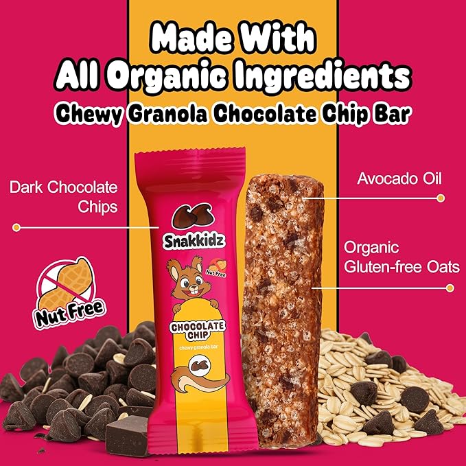 Snakkidz Organic Chewy Granola Bar, Allergen Free, Made with Avocado Oil, Low Sugar (45 Bars, Chocolate Chip)