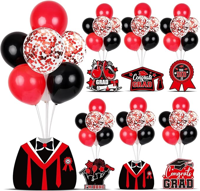 6 Sets Black Red Graduation Balloon Stand Kit for Table Decorations Class of 2025 Congrats Grad Table Centerpiece Grad Prom Themed Decoration for Grad School & College Ceremonies Party Supplies
