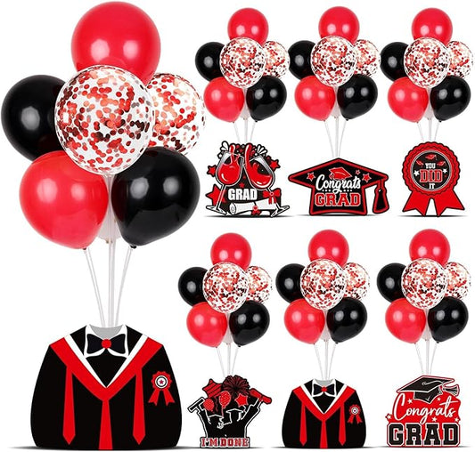 6 Sets Black Red Graduation Balloon Stand Kit for Table Decorations Class of 2025 Congrats Grad Table Centerpiece Grad Prom Themed Decoration for Grad School & College Ceremonies Party Supplies