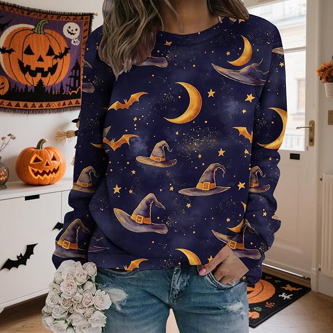 LIZALIG Pullover Cute Sweatshirt Orange Skeleton Fall Festive FunWomens Design Bat Holiday Party Outings Pumpkin Print