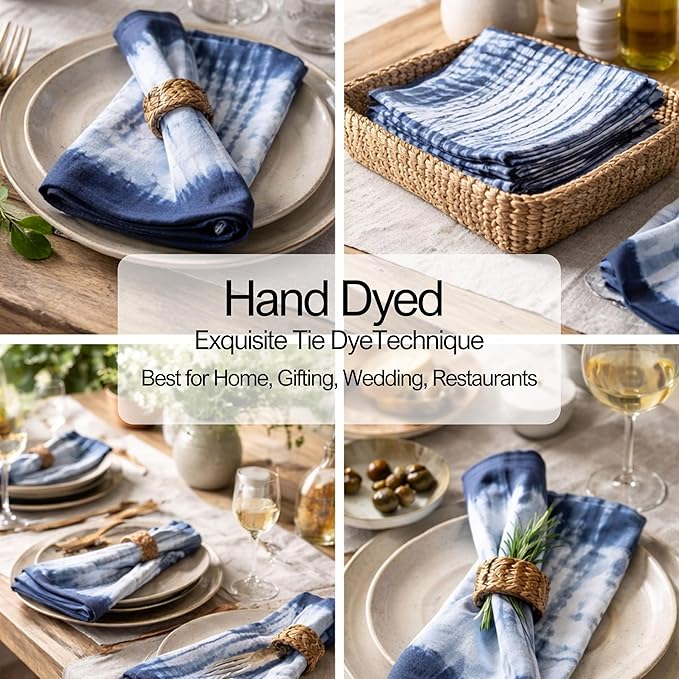 FINGERCRAFT Cloth Napkins Set of 6 Cotton Blend Tie Dye 20x20 Inch Large Size Dinner Napkins Cloth Perfect for Parties Dinners Weddings Cocktail Christmas Easter Royal Blue Stripe