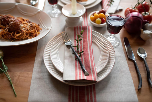 Solino Home Linen Striped Table Runner 48 Inches - 100% Pure Linen Red and Natural Farmhouse Small Table Runner 14 x 48 Inch Ideal for Dresser and Coffee Tables - Fall, Halloween, Christmas, Holiday