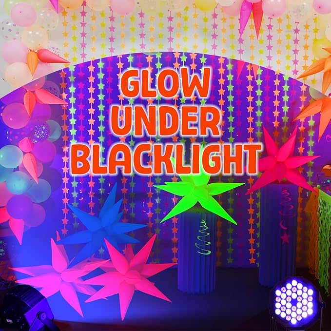 Mega-L Glow in The Dark Party Supplies, 5 Pcs Neon Explosion Star Balloons Kit, Neon Party Decorations, DIY Neon Balloon with 12 point Cone Balloons for Arches Birthday Wedding Carnival