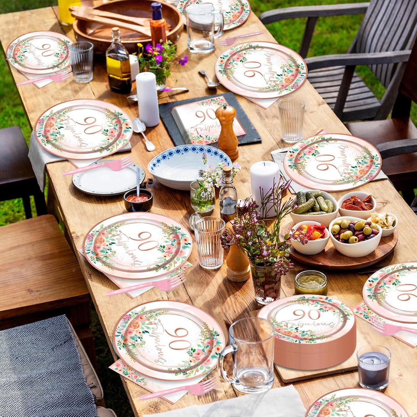 50 Guests 90th Party Decorations Plates Napkins Rose Gold Party Tableware Set Fabulous Party Supplies Women 90th Birthday Floral Paper Plates Napkins 200PCS