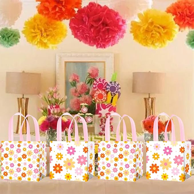iPartyFun 12pcs Daisy Theme Gift Treat Bags with Handles Groovy Spring Flower Non-Woven Tote Bags 70s Groovy Hippie Chrysanthemum Daisy Decorations for Spring Summer Flower Birthday Wedding Supplies
