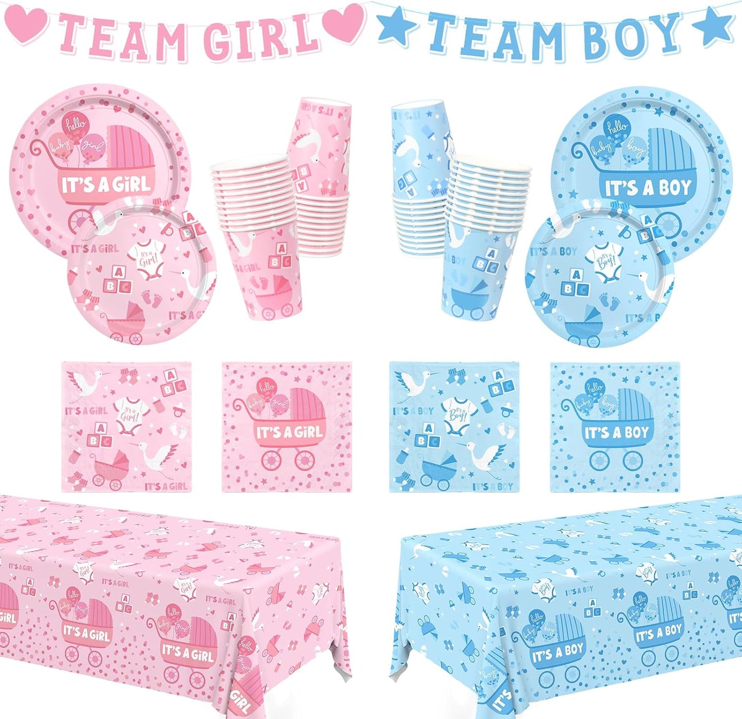 Baby Gender Reveal Decorations for 24 Guests - Boy or Girl Decorations Kit Including Disposable Plates, Napkins, Cups, Tablecloth & Banner for Baby Shower Party Decorations