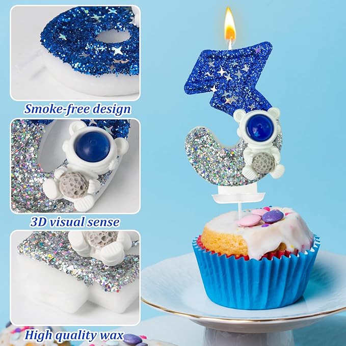 HXOUSE Astronaut 3rd Birthday Candle - Space Universe Sparkler 3 Candle for Birthday Cake Boy, Topper for Party Decorations Anniversary Celebrations (Number 3)