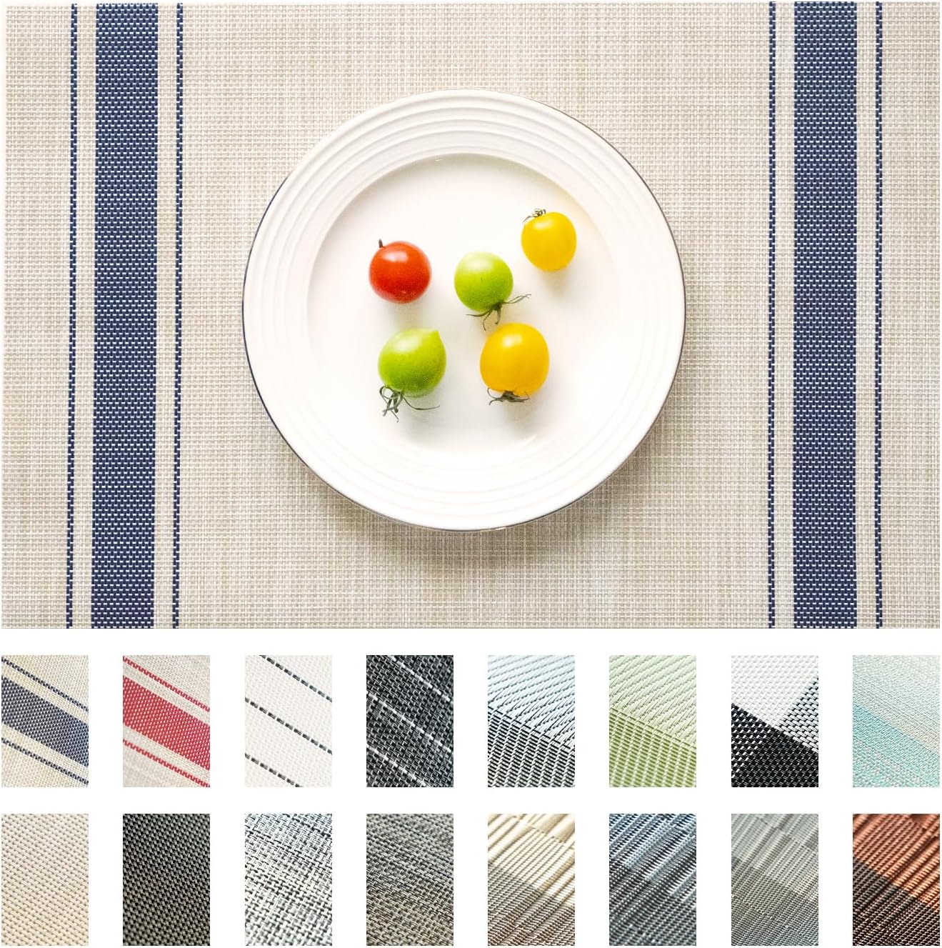 Placemats Set of 6 Vinyl/Plastic Woven Place Mats for Kitchen Table Indoor/Outdoor Washable Placemat Wipeable Dining Table Mats (Khaki Blue,6)