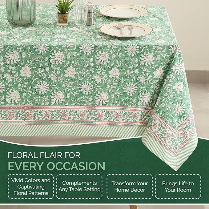 Labhanshi Indian Block Print Table Cloth-Floral Handmade Cotton Rectangle Linen Tablecloth 72x108 Inch| Spring St. Patrick Party Birthday Easter Table Cloth|8 Seater Camping Table Cover|Green Leaf