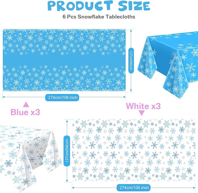Peryiter 6 Pcs Winter Snowflake Plastic Tablecloth Decorations, Christmas Wonderland Disposable Table Cover 54 x 108 Inch Blue and White Dining Table Cover for Winter Holiday Theme Party Supplies