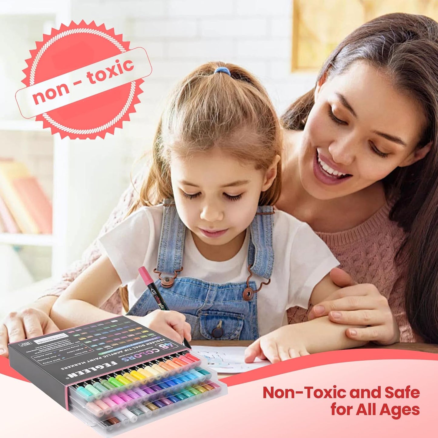 48 Colors Acrylic Paint Markers,Dual Tip Acrylic Markers with Fine Tip and Brush Tip Contain 12 Metallic Colors for Rock Painting,Egg,Wood,Glass,Canvas,Fabric,Ceramic,Crafts,Art Supplies