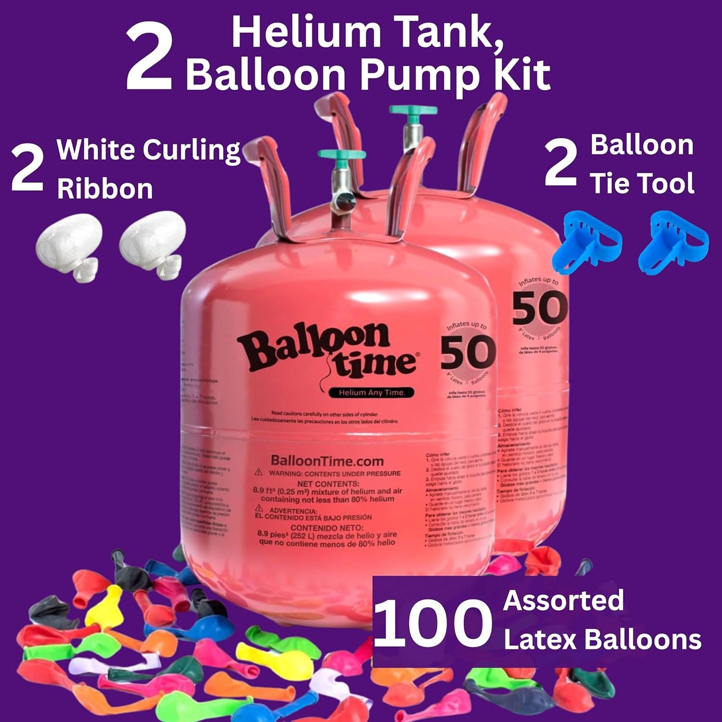 Helium Tank for Balloons At Home, 14.9 Cu Ft Helium Balloon Pump Kit with 50 Assorted Latex Balloons, White Curling Ribbon and Balloon Tie Tool (Pack of 2)