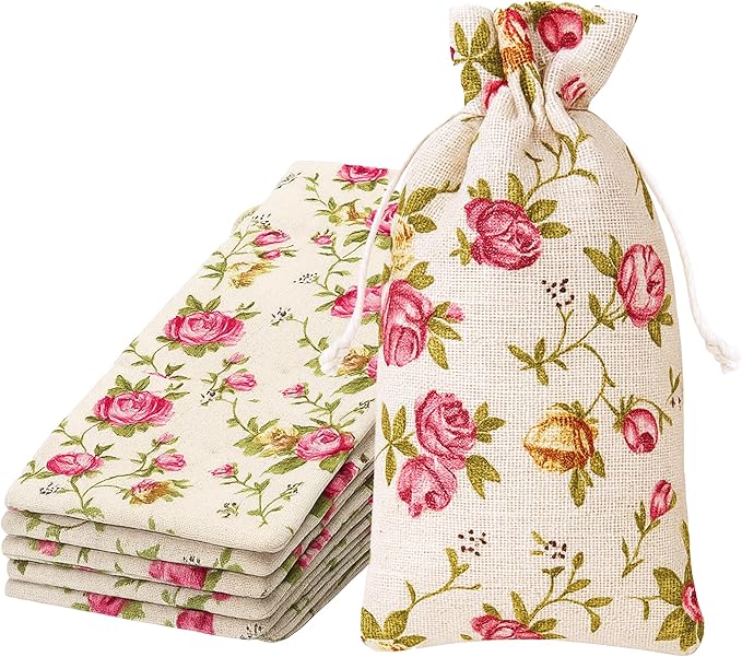 Mandala Crafts 10X12 Inch Rose Burlap Drawstring Gift Bags for Favors - 20 Large Floral Linen Sacks Gift Pouches for Candy, Coffee, Jewelry, Wedding, and Party Supplies