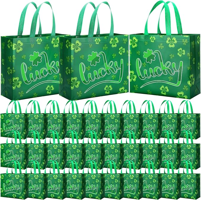 Abbylike 30 Pack St Patrick's Day Lucky Gift Bag Bulk Large Irish Gift Shamrock Clover Non Woven Goodie Bag for Party Favor