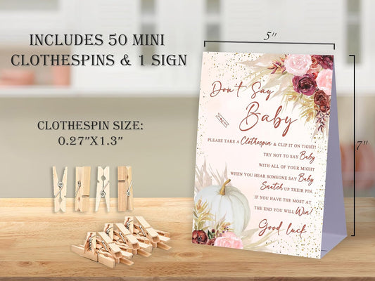 Don't Say Baby Baby Shower Game,Pampas Grass Boho Baby Shower Decorations,Rustic Baby Shower Decorations,Neutral Baby Shower Decorations,Baby Shower Game Ideas,1 Sign & 50 Mini Clothespins Set-B16