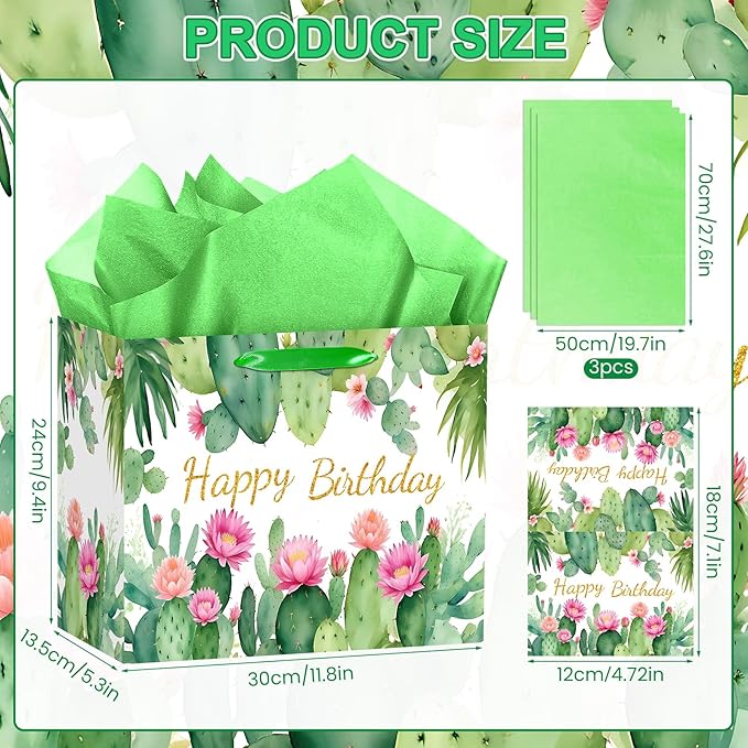 Cactus Birthday Gift Bag Green Happy Birthday Gift Bag with Tissue Paper and Card Cactus Wrapping Paper Party Favors Bag Floral Decorations for Boho Bday Fiesta Wedding Party Supplies
