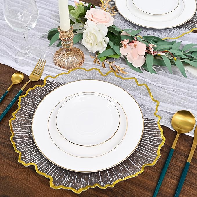 50Pcs Gold Charger Plates Round 13inch, Clear with Gold Rim, Reef Charger Plate for Dinner, Bulk Plastic Floral Table Charger Plates for Dinner Wedding Party Event