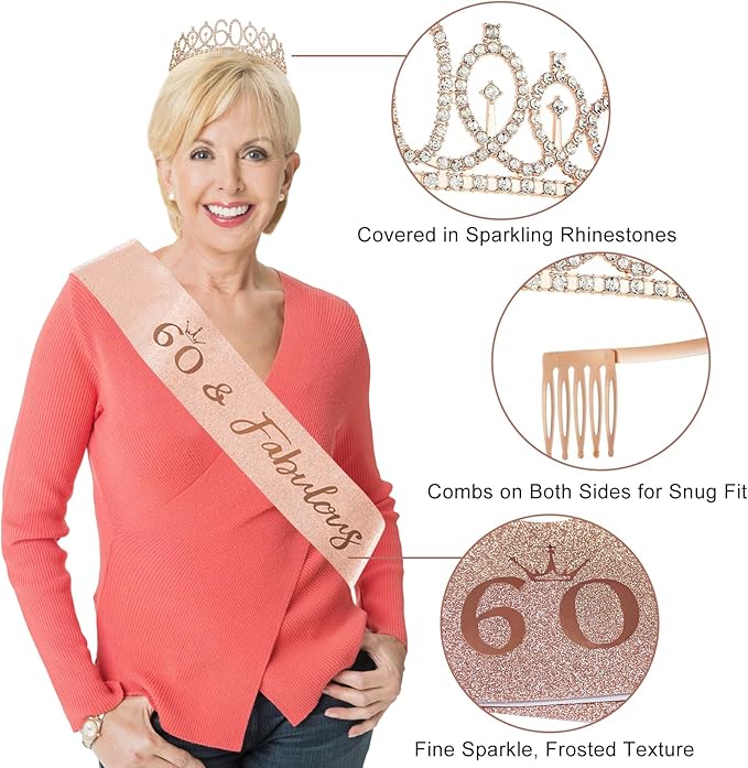 60th Birthday Decorations for Women, 33pcs Black Rose Gold Happy 60th Birthday Banner Crown and Sash Balloons Backdrop Hanging Swirls Paper Fans, 60 Years Old Party Supplies Kit
