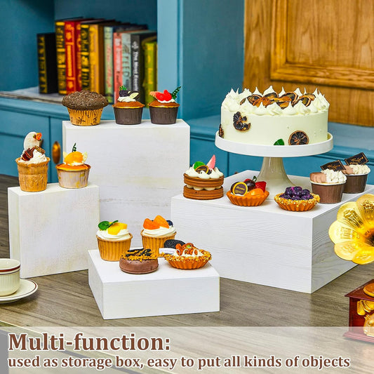 Roowest Set of 4 Large Wood Display Risers Size 11.8",10",7.8",6.3",Rustic Cupcake Stand Wood Cake Stands Wooden Display Risers for Table Dessert Wedding(Vintage White)
