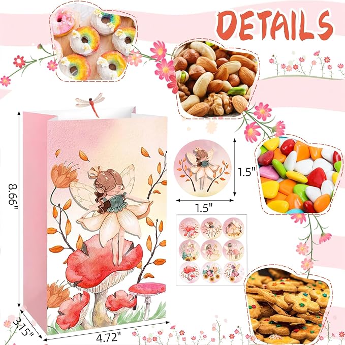 12 Pcs Fairy Party Favor Sunflower Gift Bags with Stickers Spring Floral Welcome Flower Party Favors Butterfly Paper Candy Goodie Treat Bags for Garden Decor Bday Bridal Baby Shower Wedding Supplies