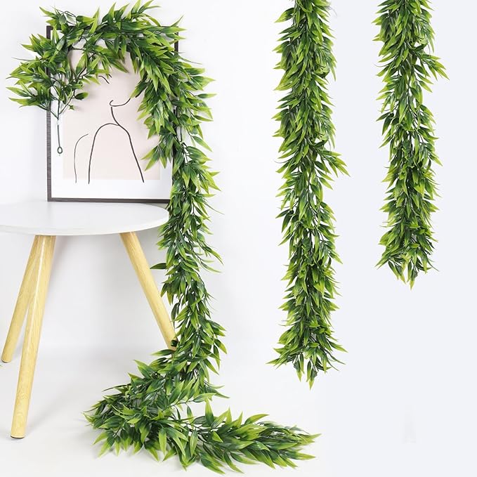RECUTMS Fake Hanging Vines Plants Artificial Greenery Garland Artificial Bamboo Leaves Vine, Plastic Green Ivy Fake Hanging Plants for Home Wedding Garden Wall Indoor Outdoor Spring Decor(Green)
