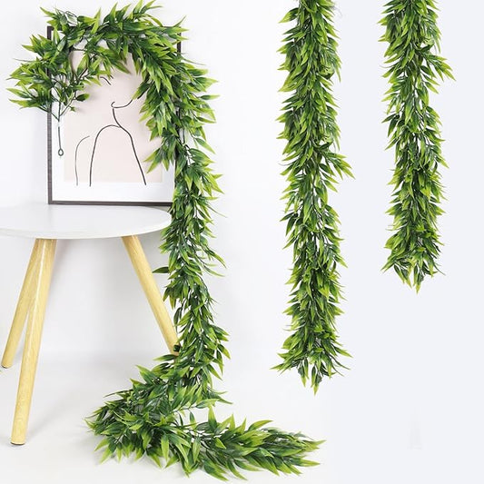 RECUTMS Fake Hanging Vines Plants Artificial Greenery Garland Artificial Bamboo Leaves Vine, Plastic Green Ivy Fake Hanging Plants for Home Wedding Garden Wall Indoor Outdoor Spring Decor(Green)