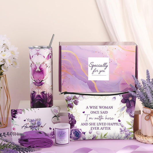Bokon 7 Pcs Retirement Gift for Women 2025, Retirement Party Decorations, Gift Box for Coworker Teacher Mom Nurse Boss Friend with 20oz Tumbler Canvas Tote Bag(Purple)