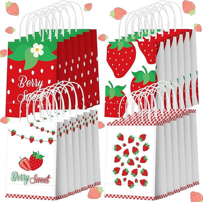 Outus 24 Pcs Strawberry Party Favor Bags Summer Strawberry Gift Goodie Paper Bags with Handles Red Berry Sweet Candy Treat Pouch for Berry First Birthday Party Decorations Supplies
