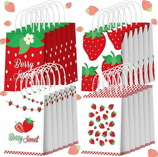 Outus 24 Pcs Strawberry Party Favor Bags Summer Strawberry Gift Goodie Paper Bags with Handles Red Berry Sweet Candy Treat Pouch for Berry First Birthday Party Decorations Supplies