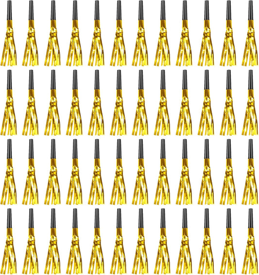 Gold New Years Noise Makers 48 PCS Glitter NYE Party Blowers Blowouts New Years Eve Games Favors Supplies Birthday Pep Rally for Adult Prank Graduation Sporting Events Horns Noisemakers Accessories