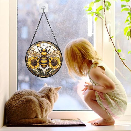 Stained Glass Window Hanging - Bee Sunflower Yellow Suncatcher Ready to Hang Window Doors Home Decoration and Christmas, Mother's Day Birthday Gifts for Women, Men, and Mom 6.3x6.3 in
