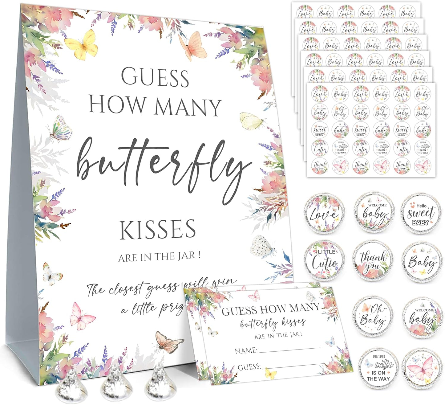 How Many Butterfly Kisses Baby Shower Game Set - Standing Sign, 50 Guessing Cards, 180 Stickers for Kid Showers