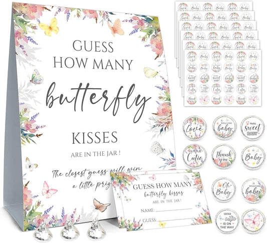 How Many Butterfly Kisses Baby Shower Game Set - Standing Sign, 50 Guessing Cards, 180 Stickers for Kid Showers