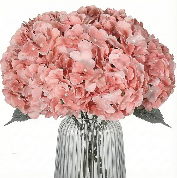 2Bouquets Artificial Fake Flowers Plants Silk Hydrangea Arrangements Wedding Bouquets Decorations Plastic Floral Home Kitchen Garden Party Festival Bar DIY(Light Coral Pink)