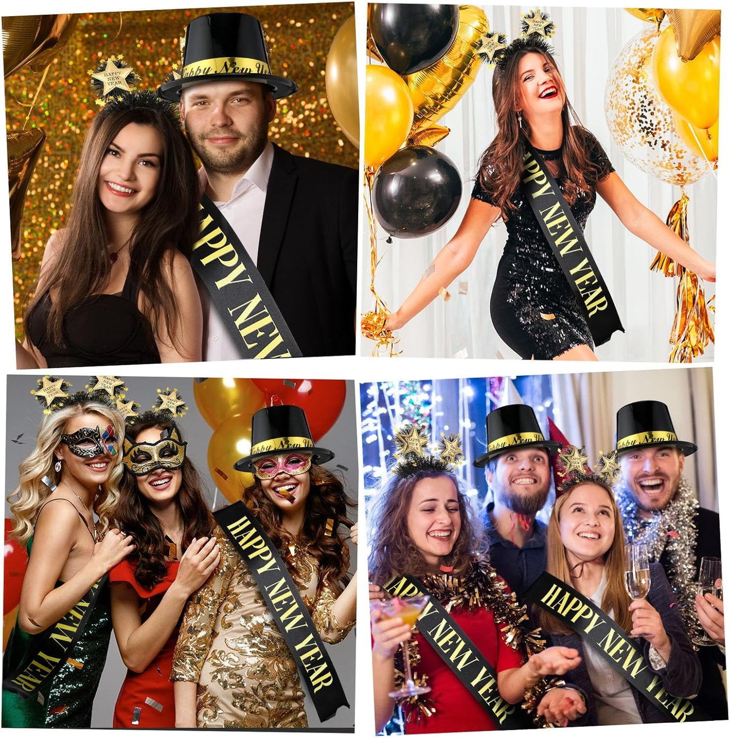 Coume 3 Pcs 2026 Happy New Year's Eve Party Supplies Black Gold Hat New Year Headband with Star Boppers Sash Belt Decoration for Party Gift Accessories