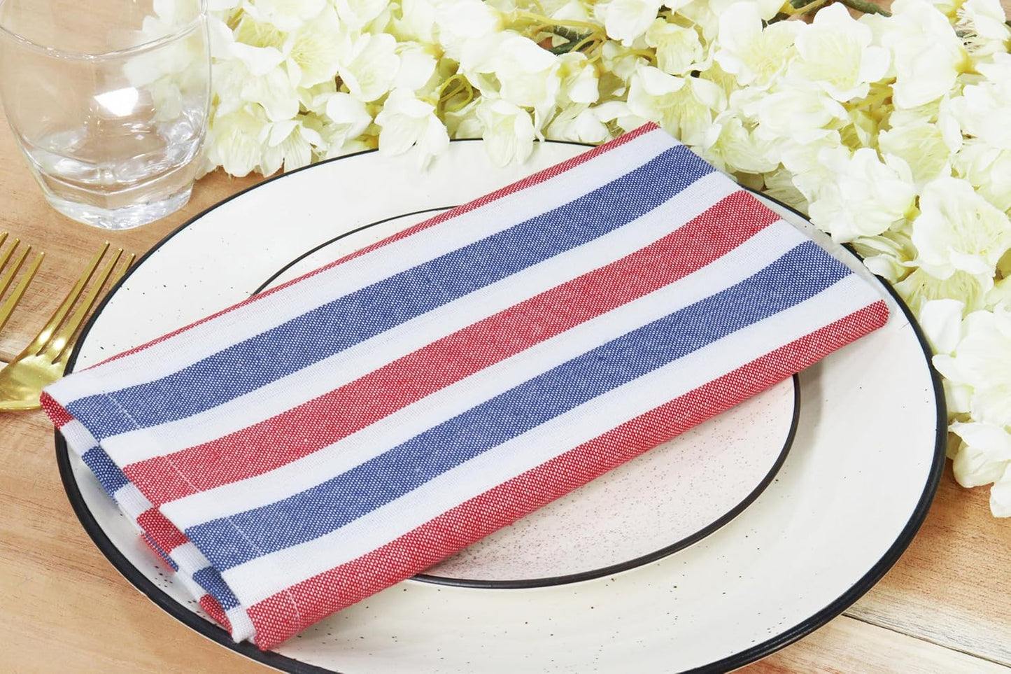 PurpleEssences 4th of July Plain Striped Cloth Napkins - Set of 12-100% Cotton - 18 x 18 Inch - Perfect Everyday Use Dinner Napkin - Labor Day- Red Blue White