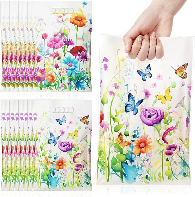 Epakh 100 Pcs Wildflower Gift Bags Bulk Spring Plastic Goody Bags with Handles Wildflower Treat Packing Floral Butterfly Candy Gift Decoration for Baby Shower Summer Floral Birthday Party Supplies