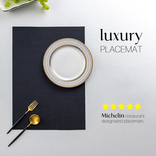 LEXMORE Placemats Set of 6 Vinyl/Plastic Woven Place Mats for Kitchen Table Indoor/Outdoor Washable Placemat Wipeable Dining Table Mats(Black)