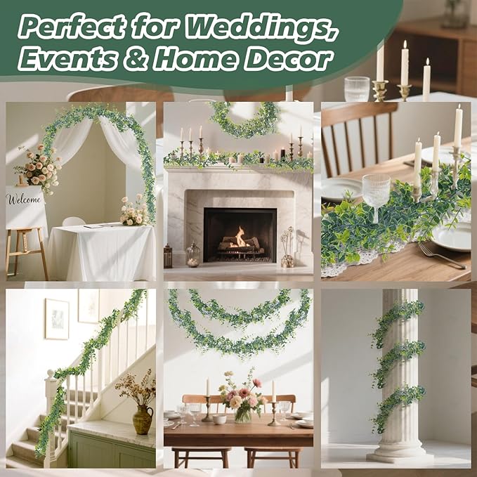 2 Pcs Eucalyptus Garland - Artificial Eucalyptus Vines Garlands Artificial Greenery Garland for Decoration Green Fake Vines for Wedding Backdrop Fireplace Wall Table Porch Staircase Decor